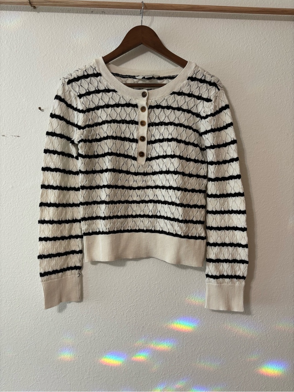 Striped Knit lace long sleeve sweater shirt - Cream & Black